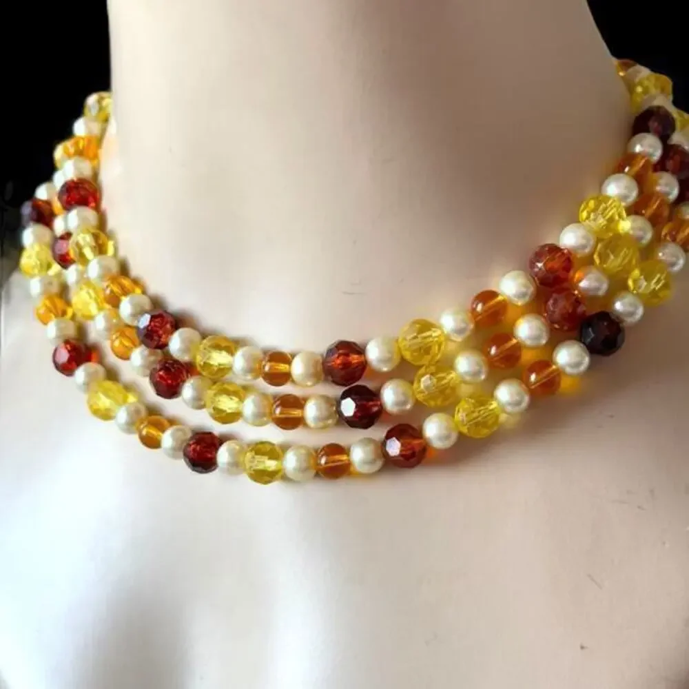 26” Acrylic Honey Yellow and Brown Beaded Necklace Faux Pearl Spacers VNTG 60’s